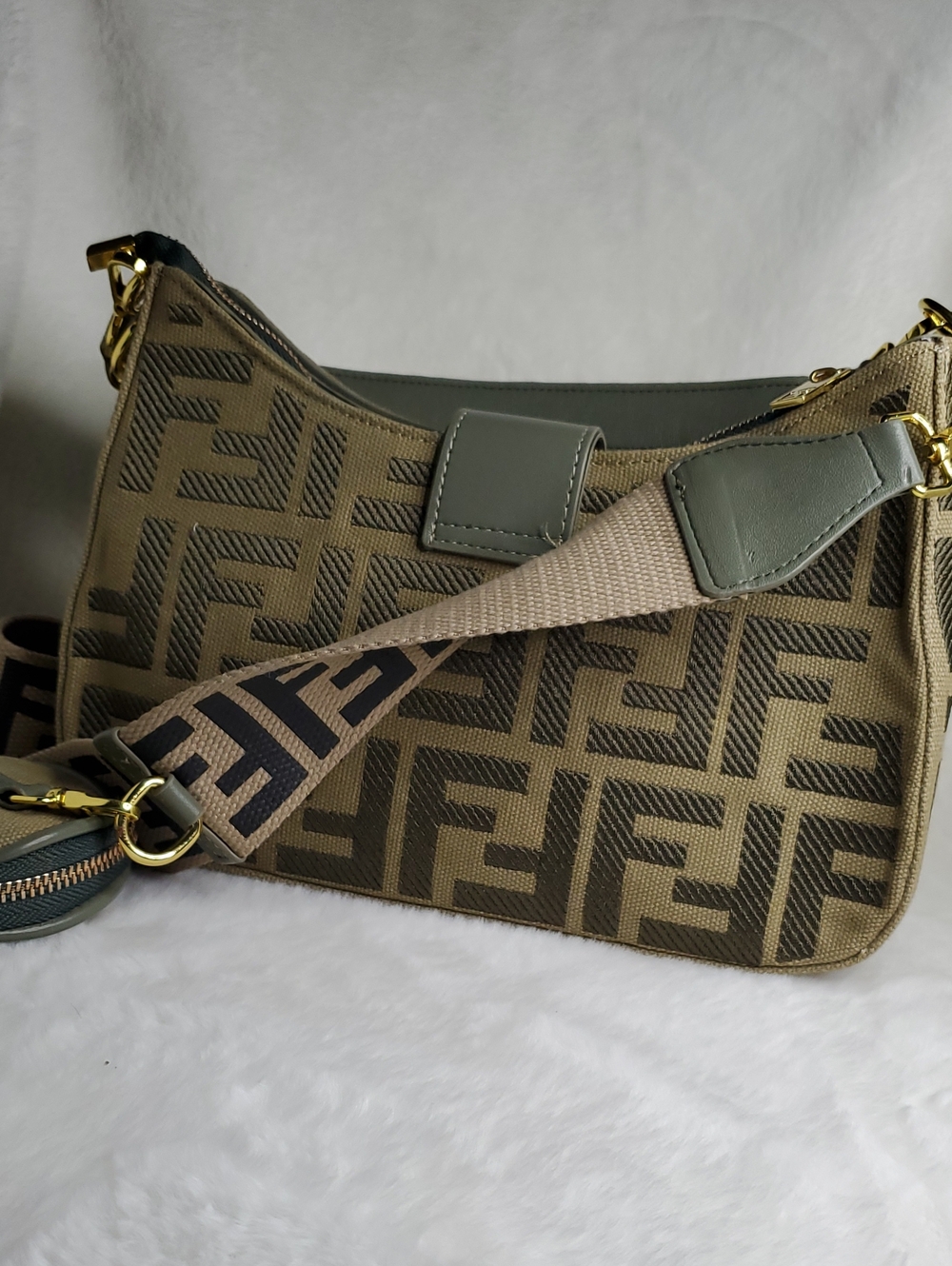 Beige & Brown Monogram Canvas Messenger Bag with Gray Strap - Picture 13 of 16